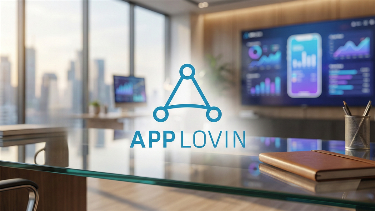 AppLovin logo over a modern office desk with city skyline windows and blurred analytics dashboards on screens.