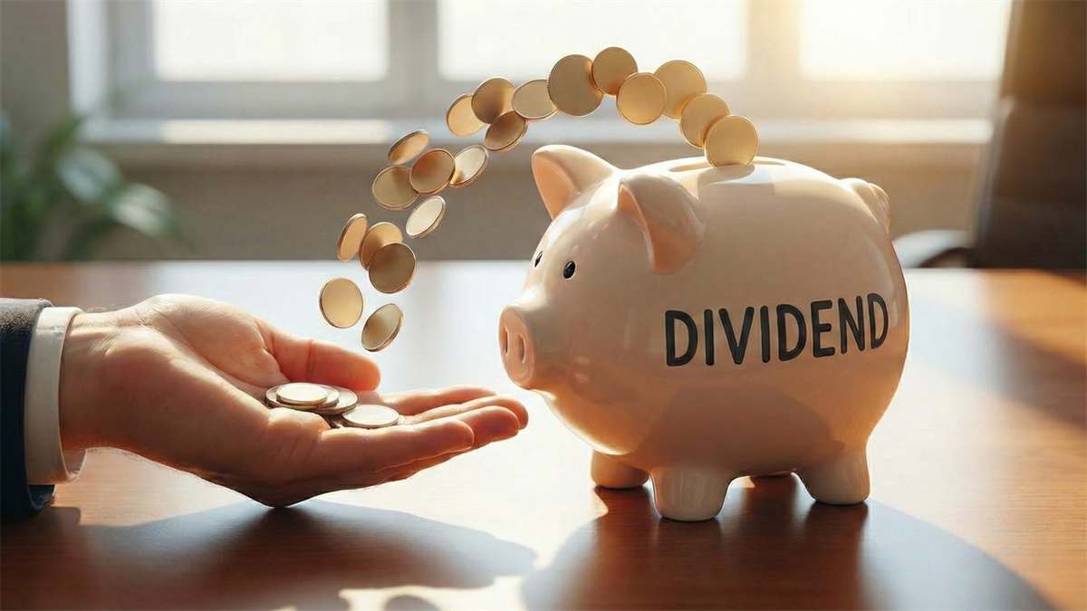 Hand drops coins into a piggy bank labeled “DIVIDEND,” symbolizing dividend income and ETF growth.