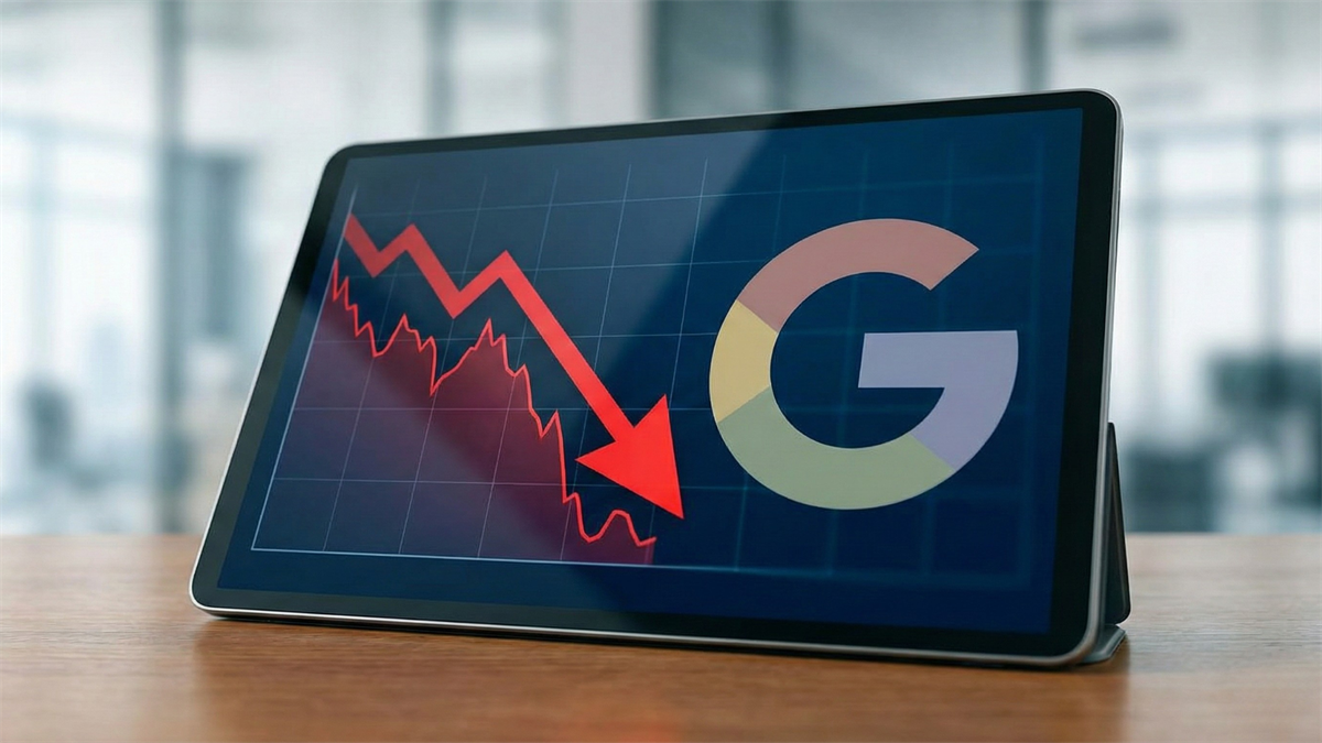 Tablet shows Google G logo beside plunging red stock chart, illustrating Alphabet shares pulling back.
