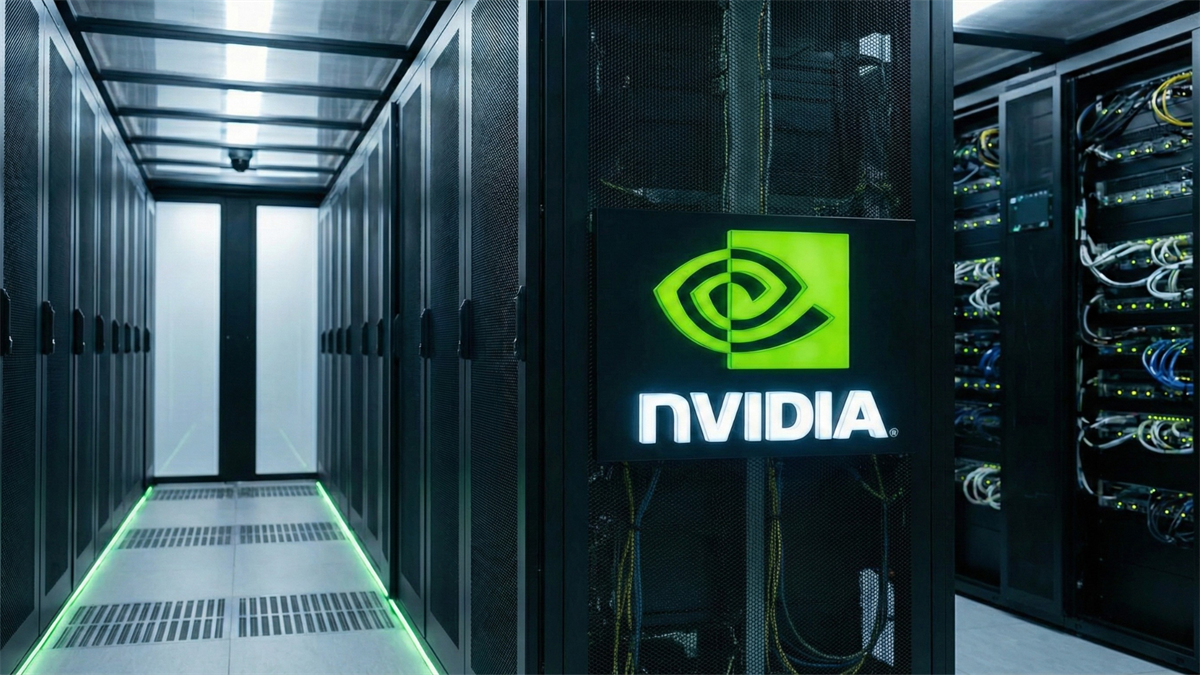 Server room corridor with NVIDIA logo on a rack.