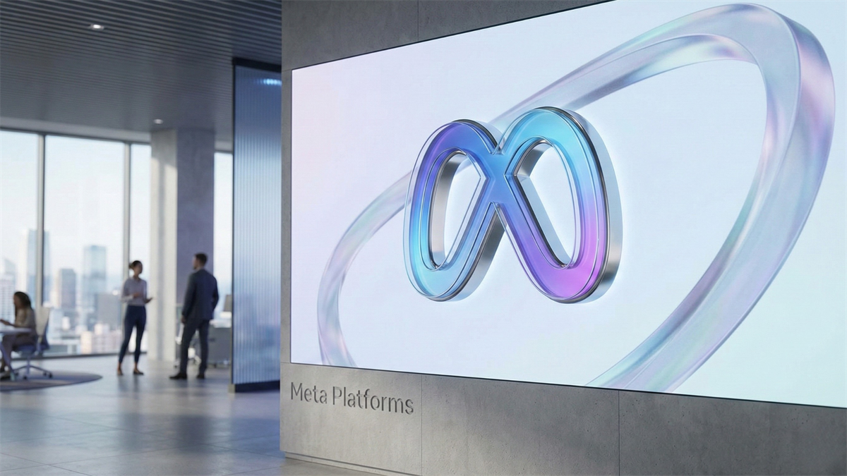 Meta Platforms lobby with a large wall display showing the Meta logo in a sleek, modern office setting.