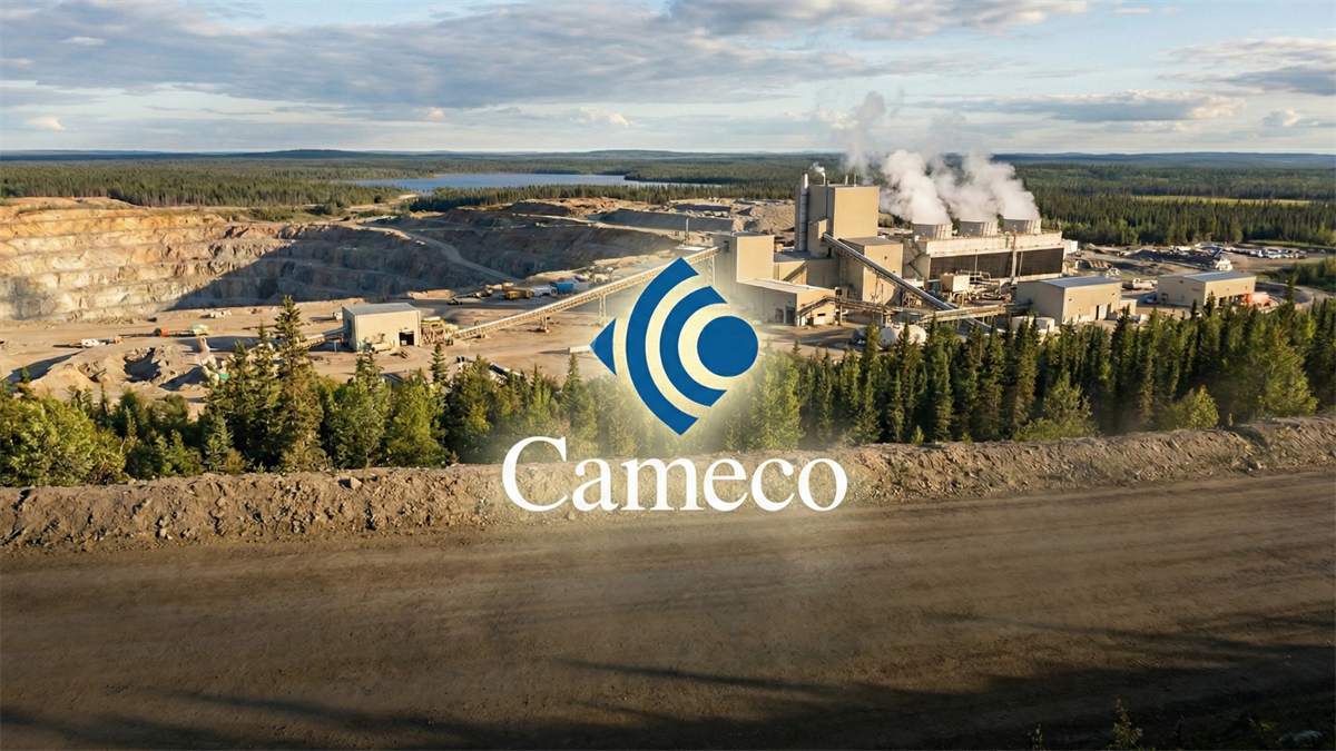 Cameco-branded aerial view of a uranium mining and processing site, highlighting nuclear energy sector momentum.