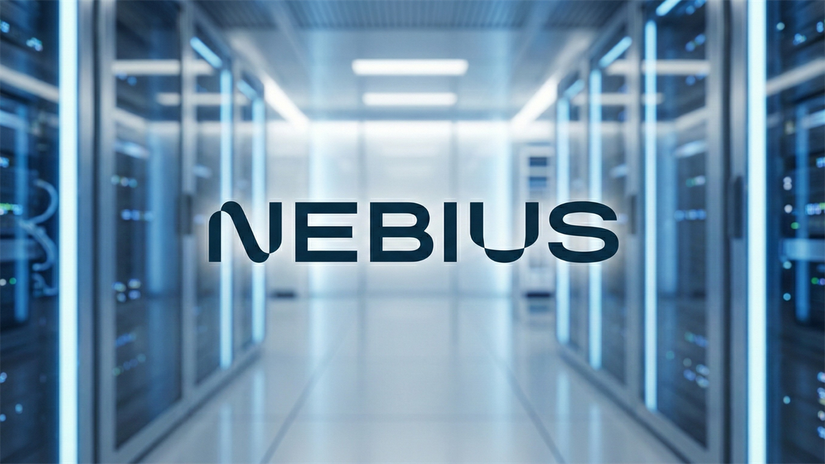 Nebius logo over a glowing data-center aisle, symbolizing AI infrastructure as BlackRock accumulates shares.