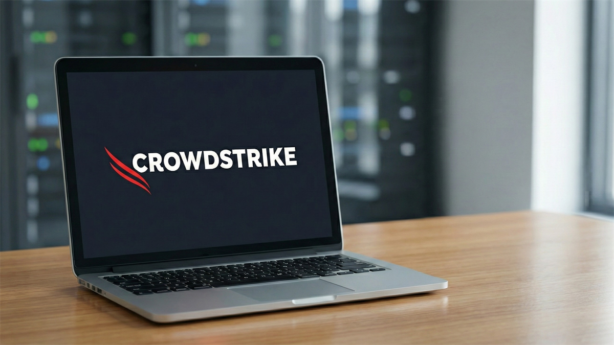 Laptop on a desk displaying the CrowdStrike logo, with blurred server racks in the background, suggesting cybersecurity and CRWD stock.