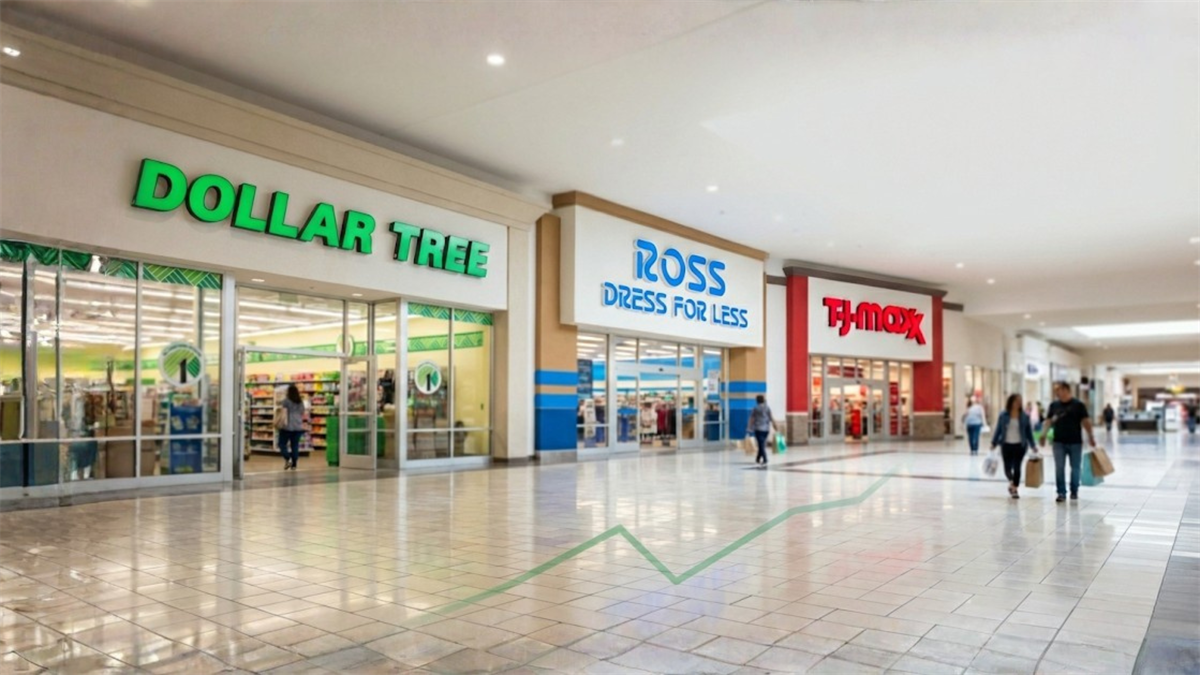 Dollar Tree, Ross and TJ Maxx storefronts in a mall, reflecting discount retail stocks and consumer spending trends.