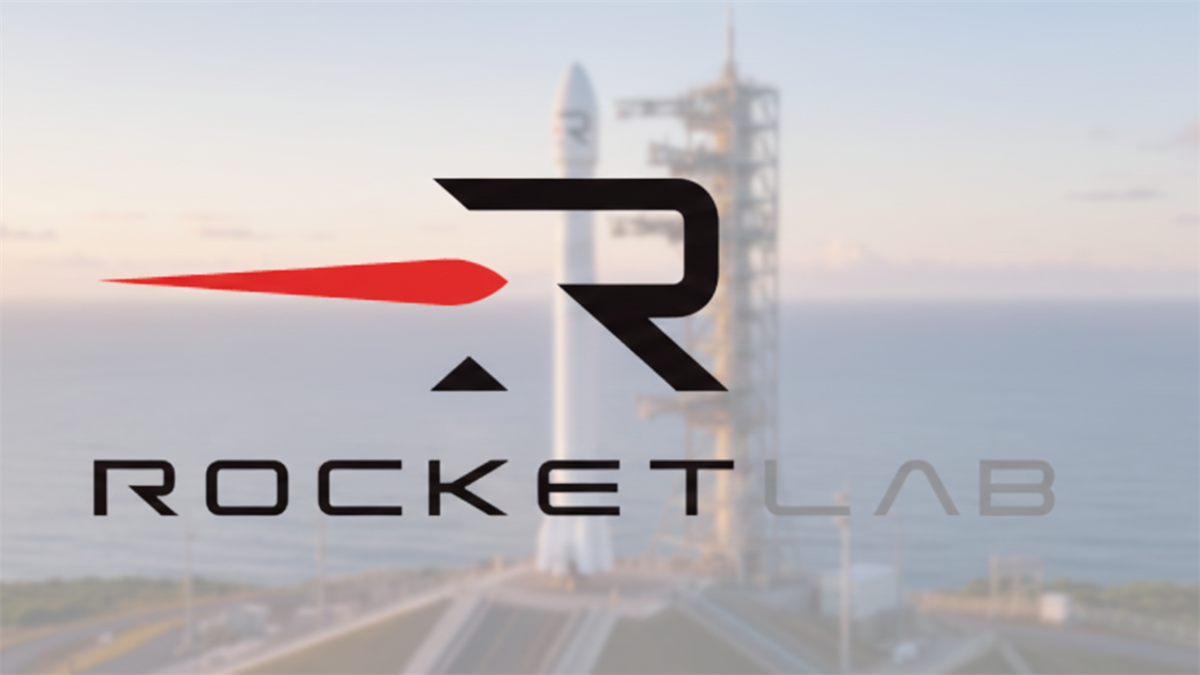 Rocket Lab logo over blurred rocket launch pad at sunrise, aerospace earnings context