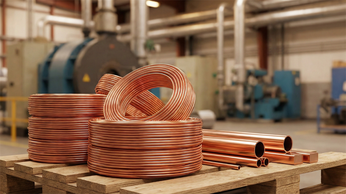 Close-up of stacked copper coils and copper pipes on a wooden pallet inside an industrial facility, with blurred machinery in the background.