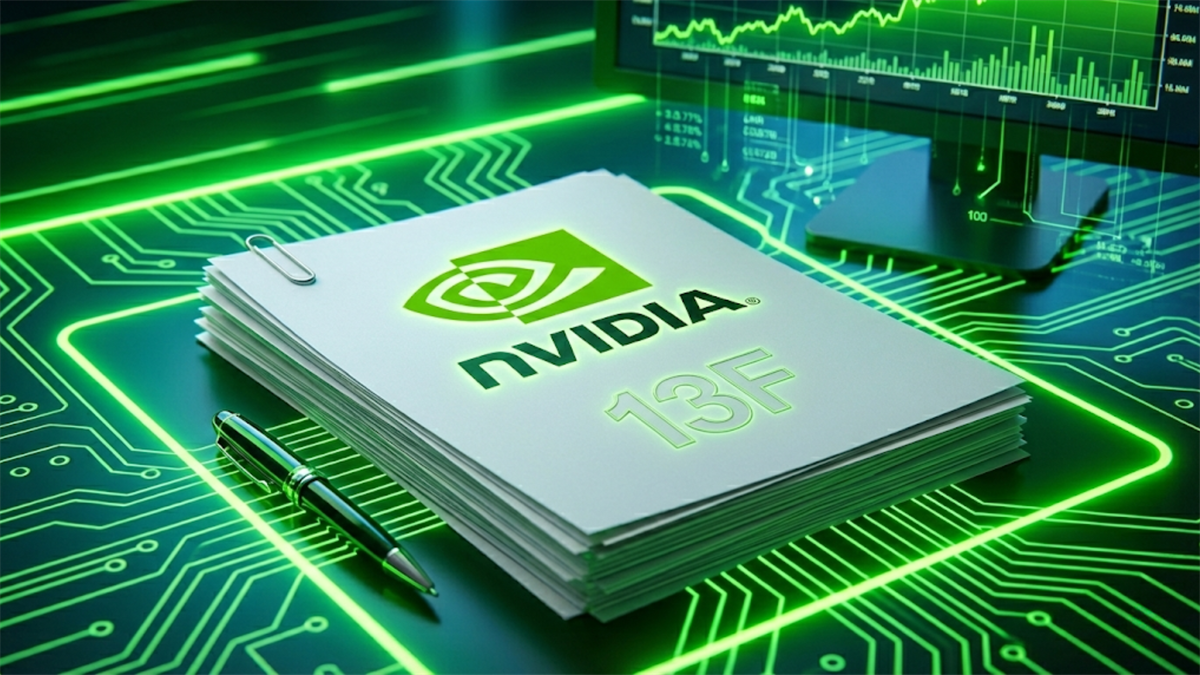 NVIDIA “13F” filing graphic on a circuit board with rising chart, signaling institutional holdings disclosure.