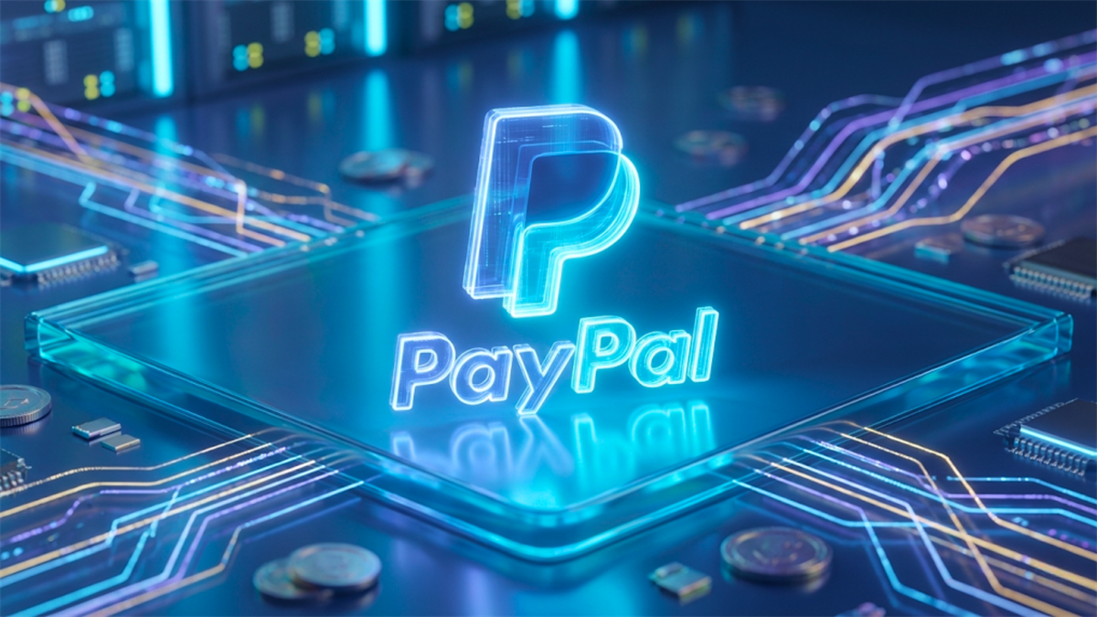 PayPal logo on a glowing digital chip with circuit lines and coins, highlighting fintech payments growth.