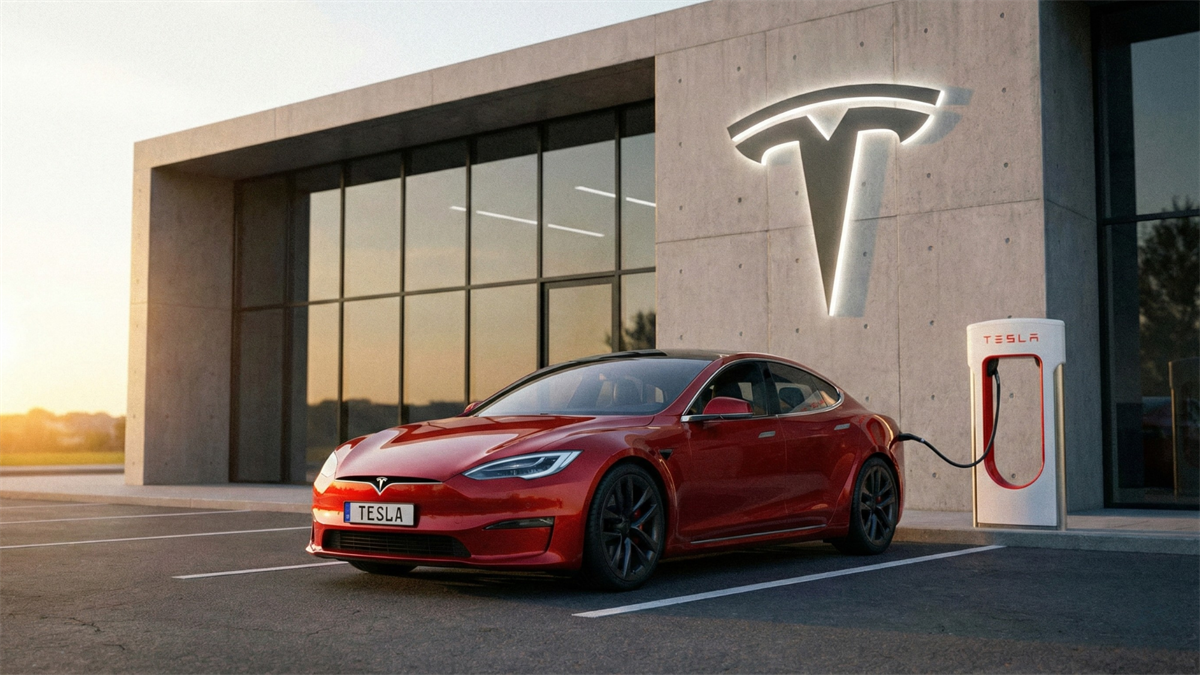 Red Tesla sedan charging at a Tesla Supercharger outside a modern Tesla building at sunset, reflecting EV industry shift.