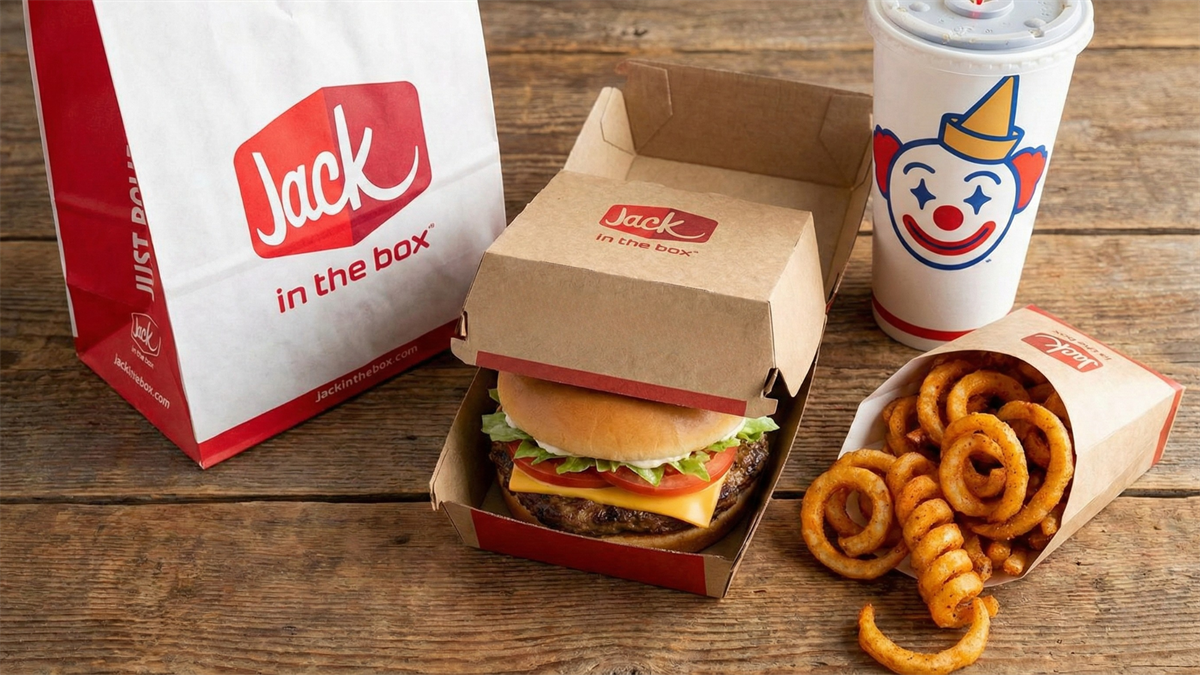 Jack in the Box meal with branded bag, burger, curly fries, and drink on wooden table.