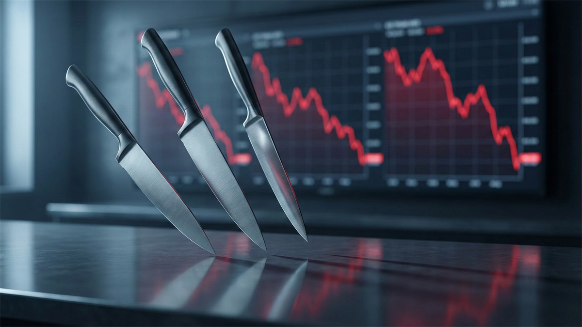 Three kitchen knives falling in front of red downward stock charts, symbolizing three plunging “falling knife” stocks.