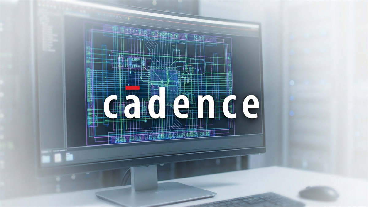 Cadence Design Systems branding over semiconductor chip design interface on monitor screen.