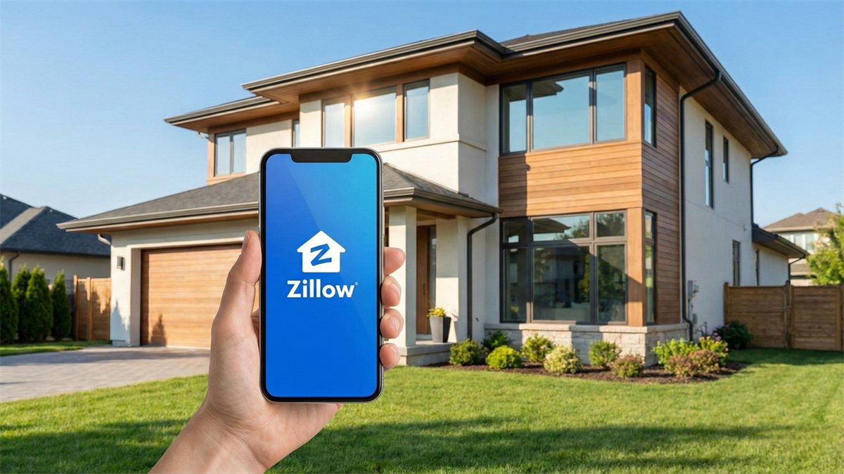 Smartphone displaying Zillow app logo in front of suburban home, representing online real estate marketplace rebound.