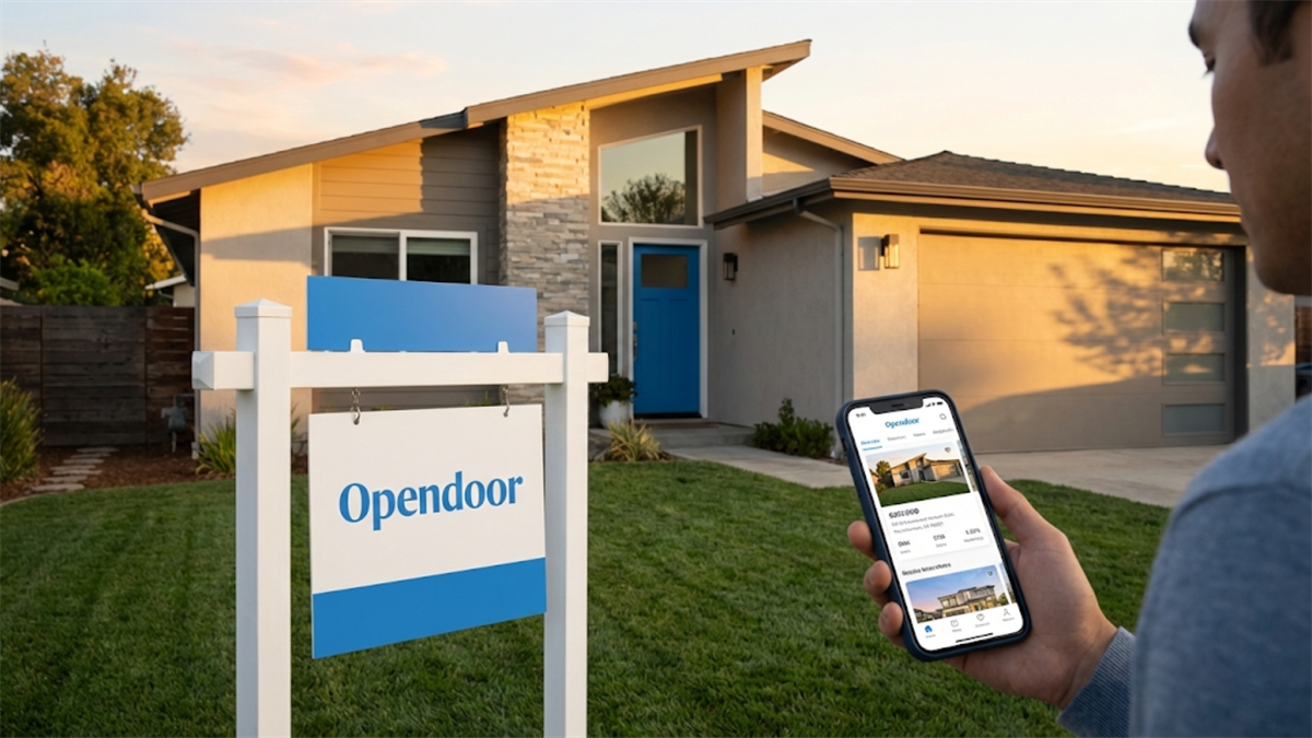 Opendoor sign outside a home as a buyer checks the Opendoor app, highlighting U.S. housing market trends and OPEN stock.