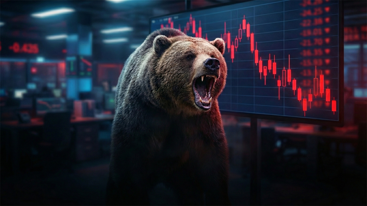 Roaring bear in a dimly lit trading floor stands before a large screen of falling red stock charts, symbolizing a market downturn.