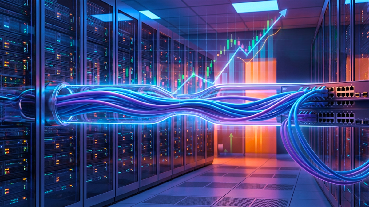 Server racks and network cables in a data center as an AI chart climbs, signaling tech stock and cloud demand surge.
