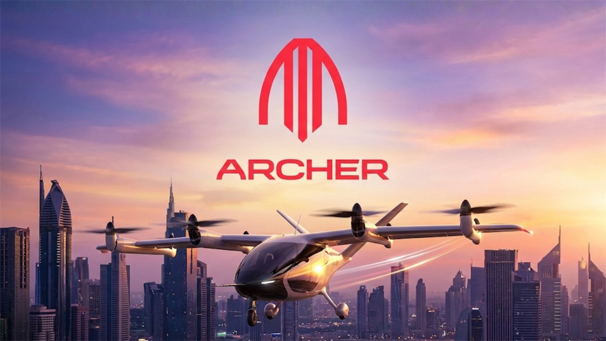 Archer Aviation eVTOL flying over city skyline at sunset, spotlighting ACHR stock and air taxi rollout.