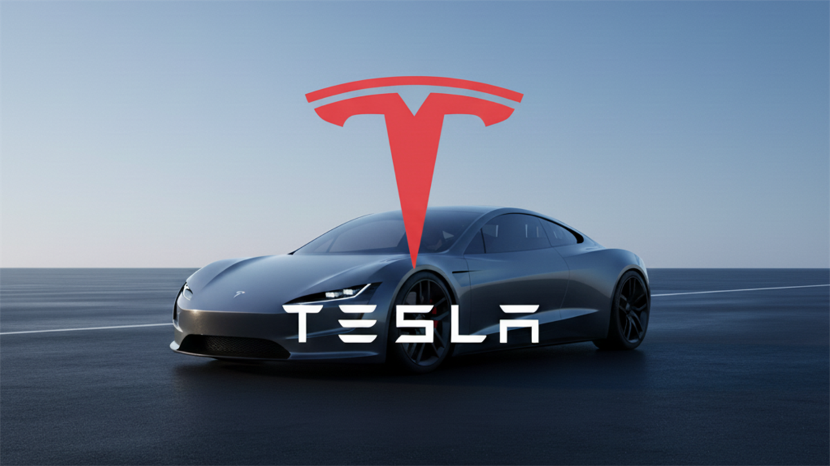 Tesla electric vehicle with red Tesla logo and branding, reflecting valuation pullback narrative