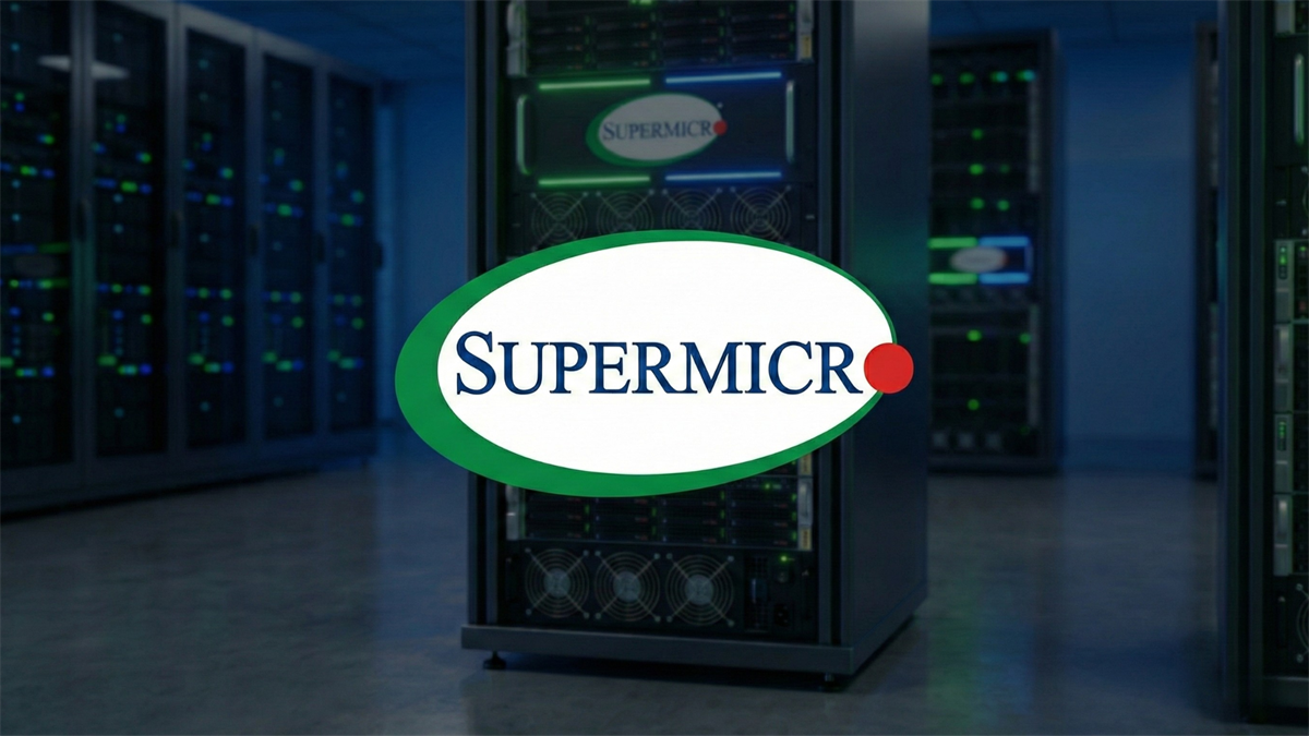 Super Micro Computer logo displayed on a server rack inside a modern AI data center, highlighting AI infrastructure and cooling technology.