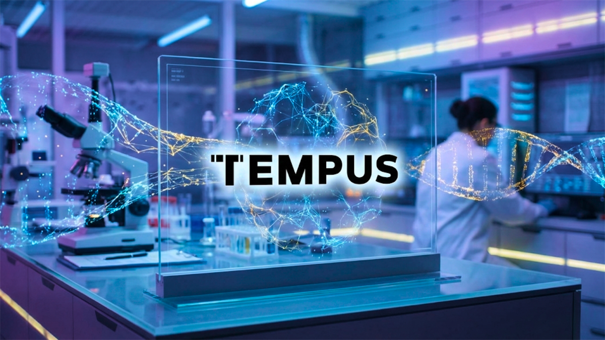 Tempus logo over a biotech lab with DNA graphic, highlighting TEM stock and AI-driven precision medicine growth.