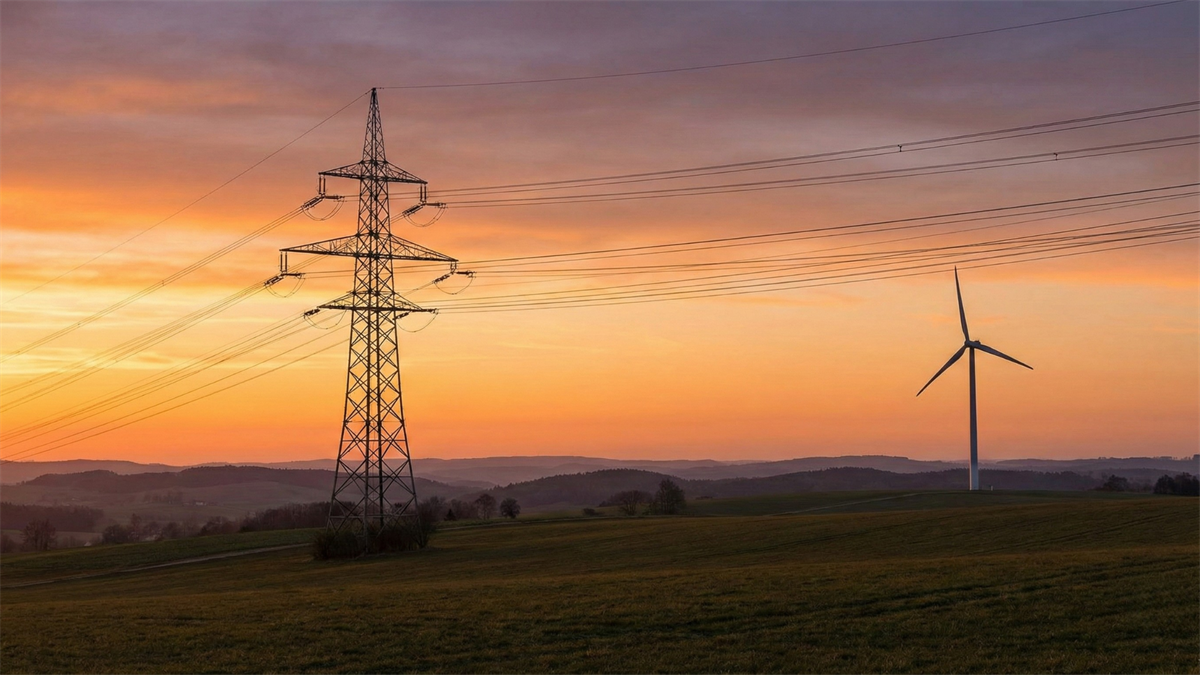 High-voltage transmission tower and wind turbine at sunset, symbolizing electric utilities and rising power demand.