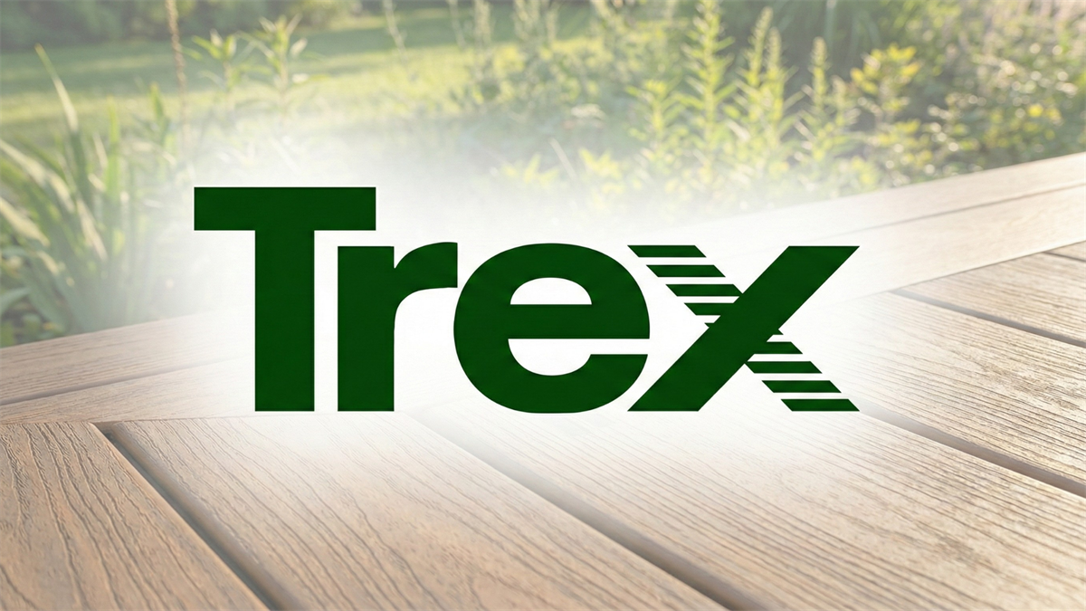 Trex Company Inc. logo displayed over composite deck boards, symbolizing decking demand rebound