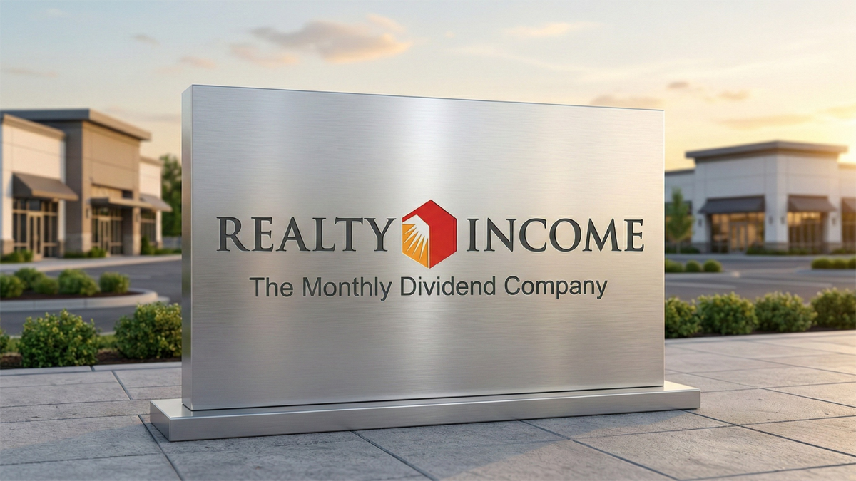Realty Income sign outside retail properties at sunset, highlighting its monthly dividend REIT income model.