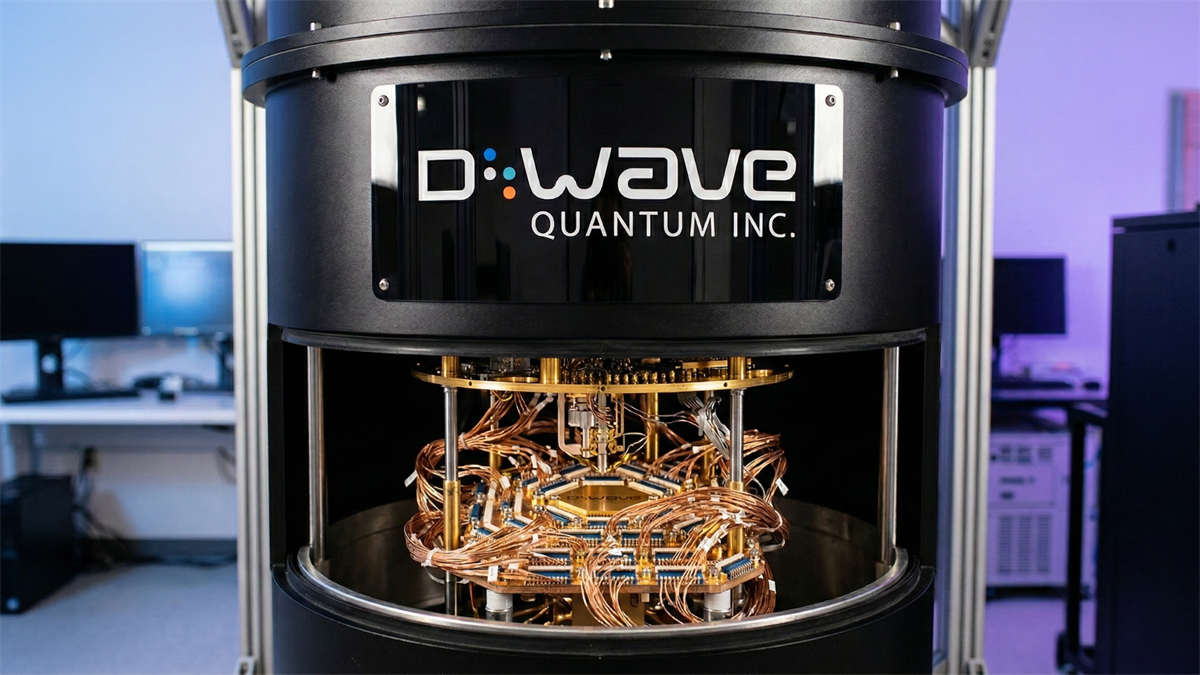 D-Wave Quantum computer system with visible cryogenic hardware and company logo, highlighting quantum computing growth and earnings volatility theme.