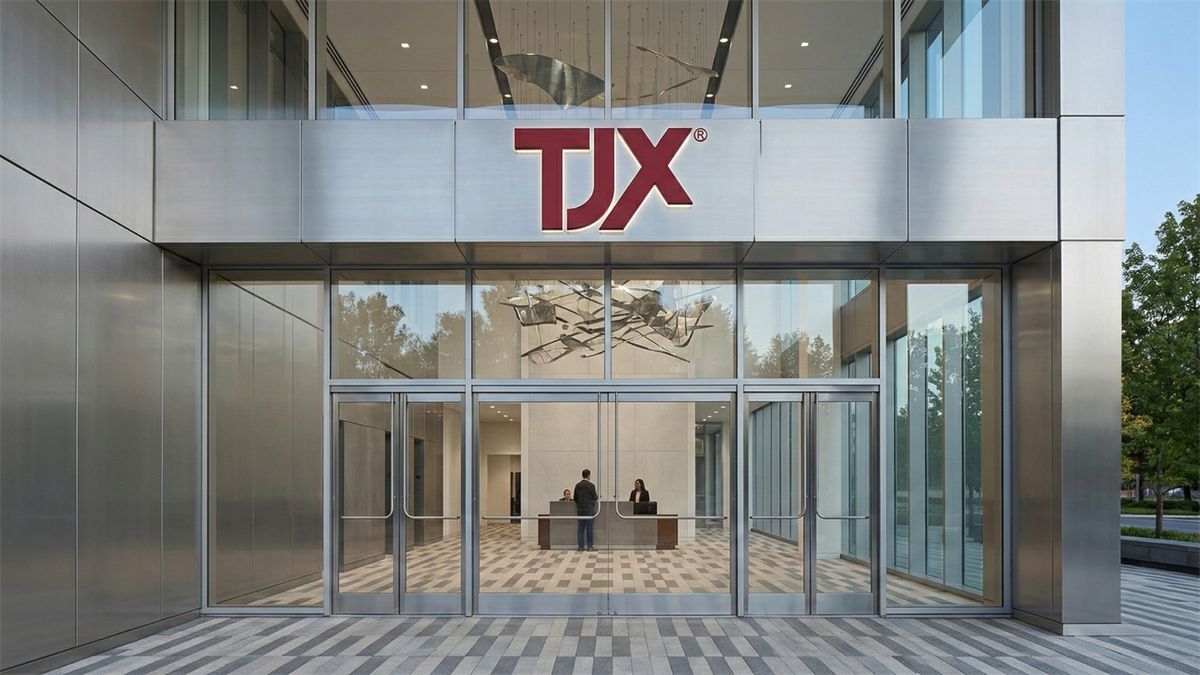 TJX office entrance with red logo above glass doors, corporate headquarters exterior.