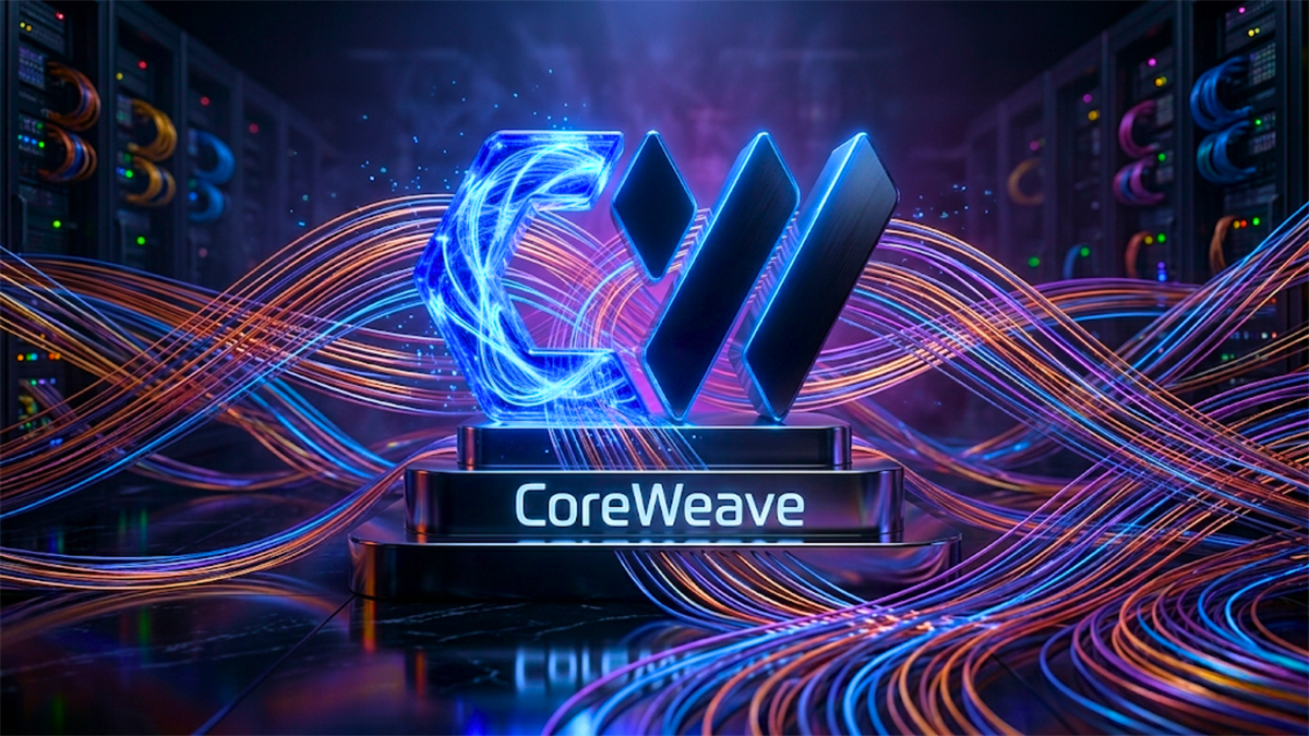 CoreWeave logo in a data center setting with server racks.