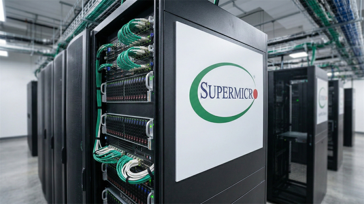 Super Micro Computer server rack inside AI data center with visible green networking cables and branded panel.