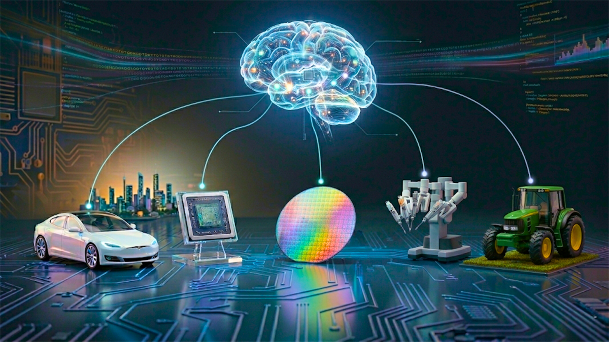 AI brain linked to EV, tractor, chip wafer, and surgical robot, highlighting cross-sector AI adoption and demand.