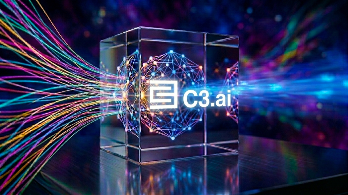 C3.ai logo in glass cube with neural network and flowing data streams.