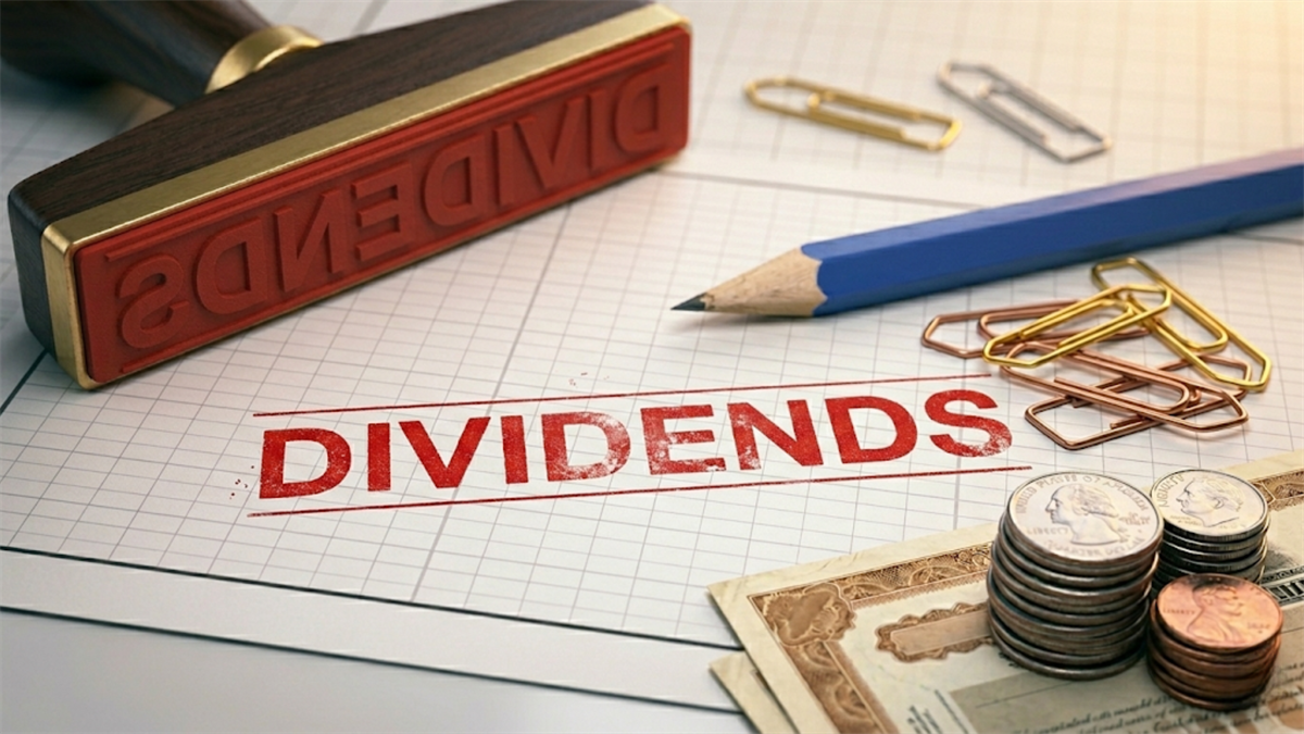 Dividends rubber stamp on ledger paper with coins and cash, highlighting income investing.