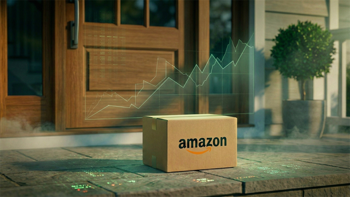 Amazon delivery box with logo on a doorstep, reflecting AI infrastructure investment focus