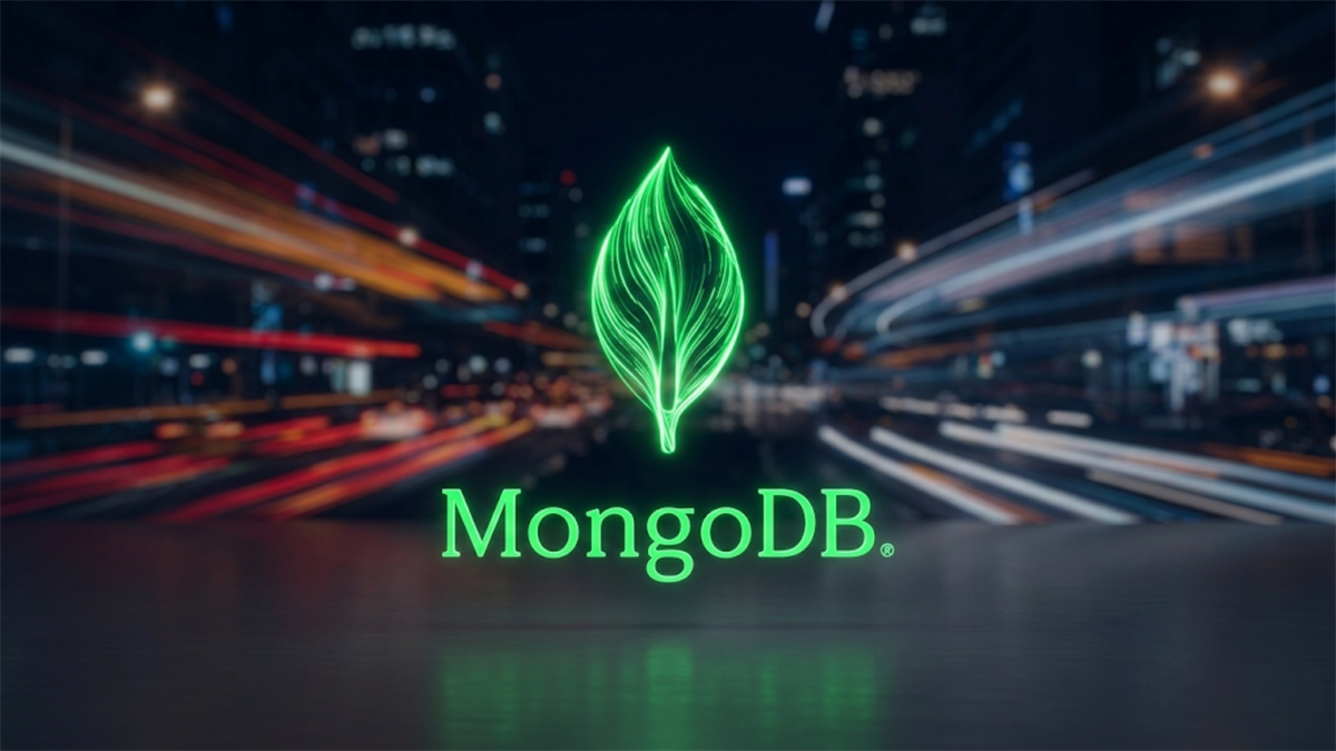 MongoDB logo glowing against city light trails.