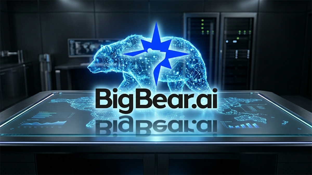 BigBear.ai logo with holographic bear on data display table.