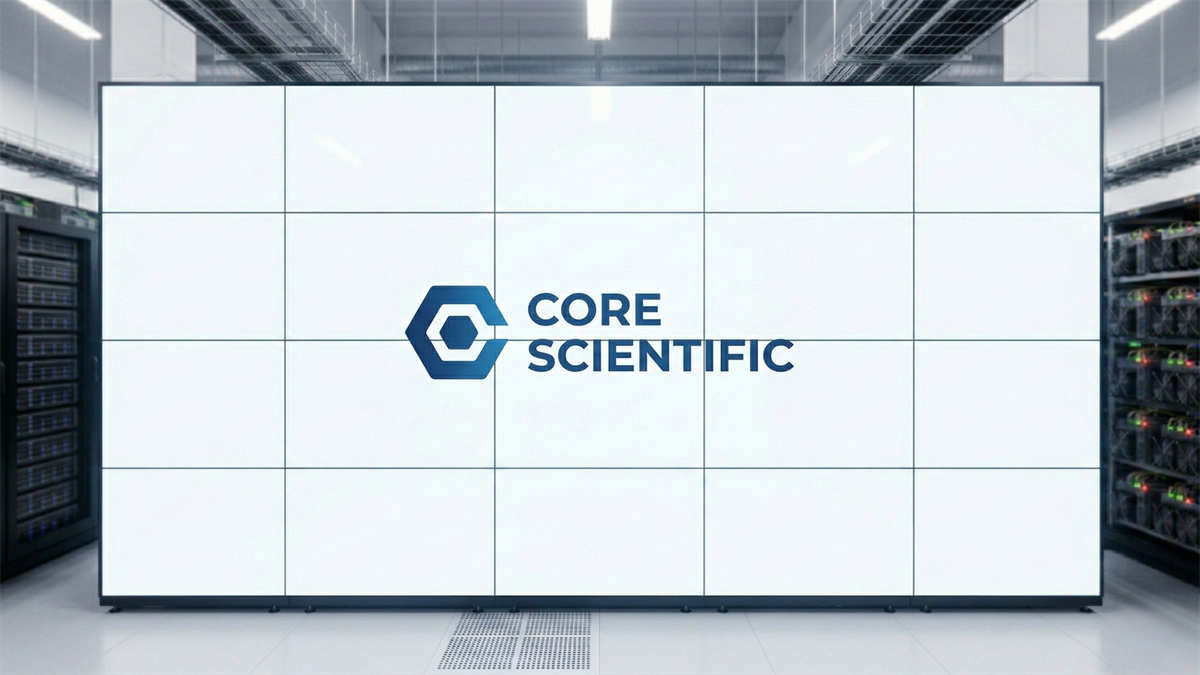 Core Scientific logo displayed on a large wall inside a modern AI data center facility