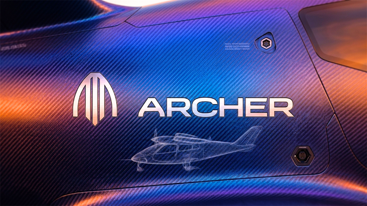 Archer Aviation logo on carbon fiber eVTOL aircraft body.