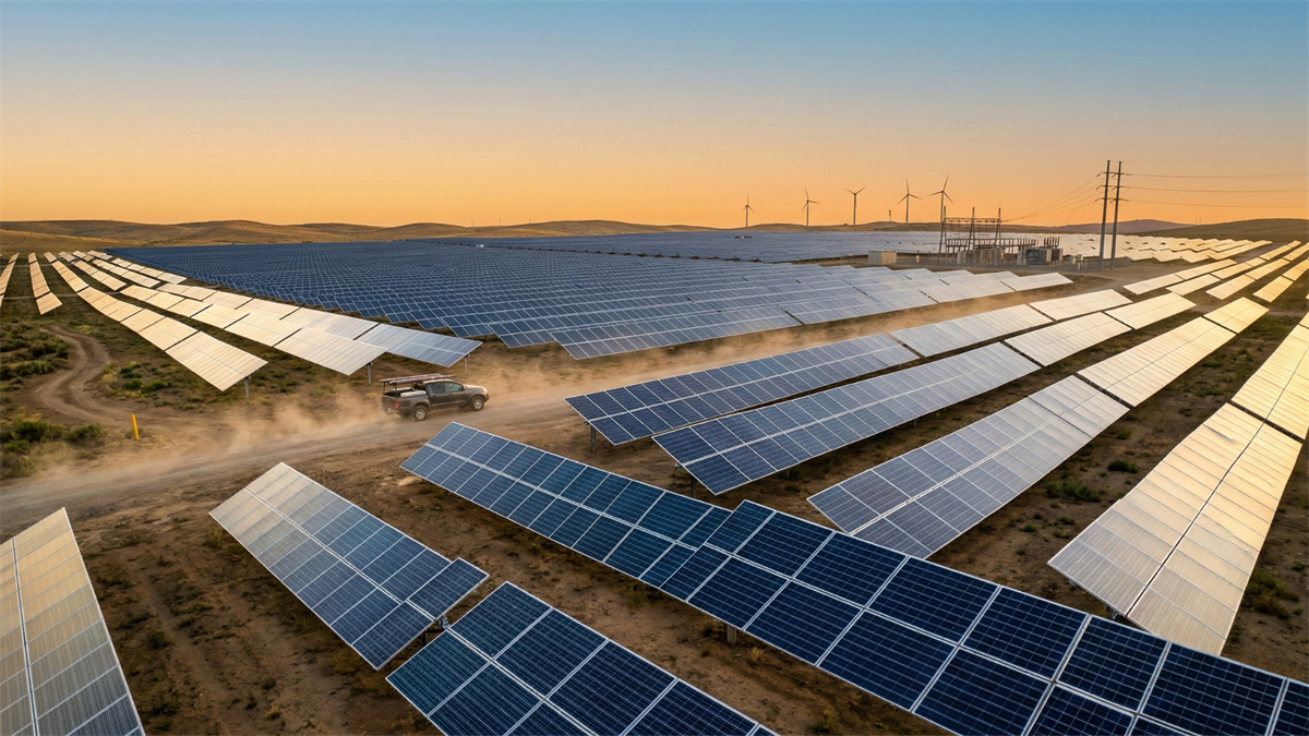 Solar farm at sunset with rows of blue panels, wind turbines, and substation in distance, symbolizing renewable energy sector recovery.