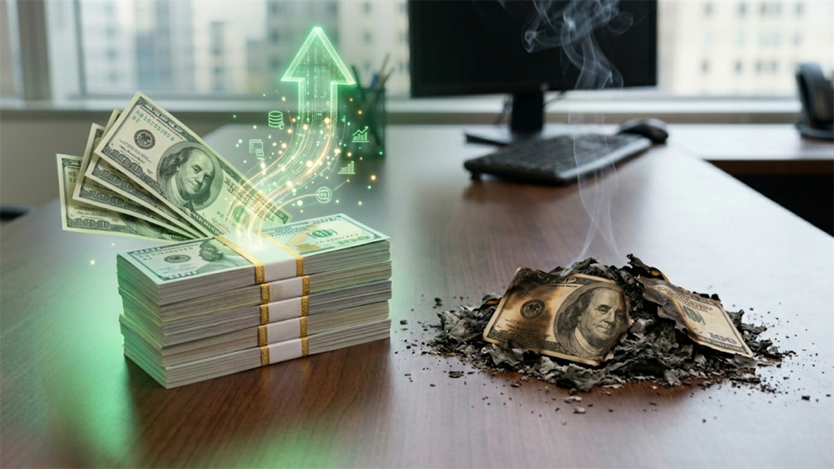 Cash stack with upward arrow beside burned money on office desk, highlighting cash burn vs. growth.