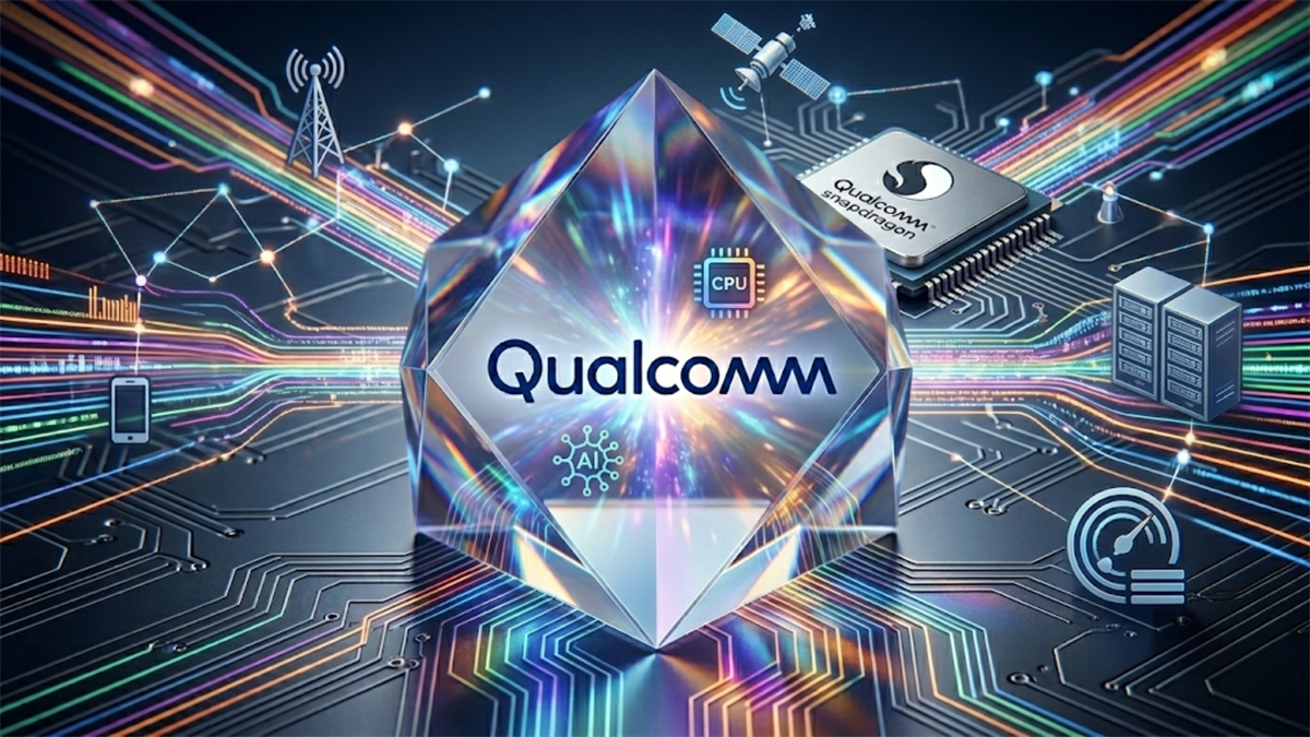 Qualcomm branding on chip-themed graphic with Snapdragon processor.