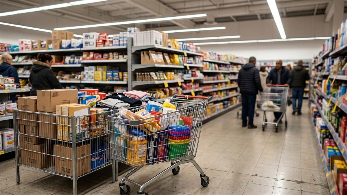 A busy grocery store aisle with shoppers and full carts, reflecting resilient consumer spending in the retail industry.