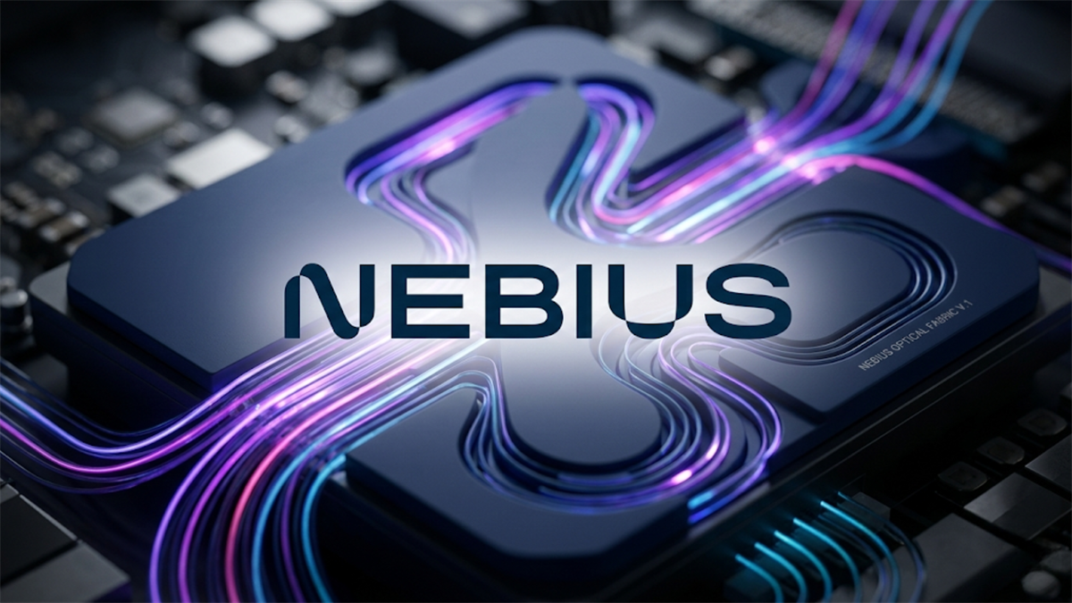 Nebius logo on a stylized AI chip with glowing data lines.