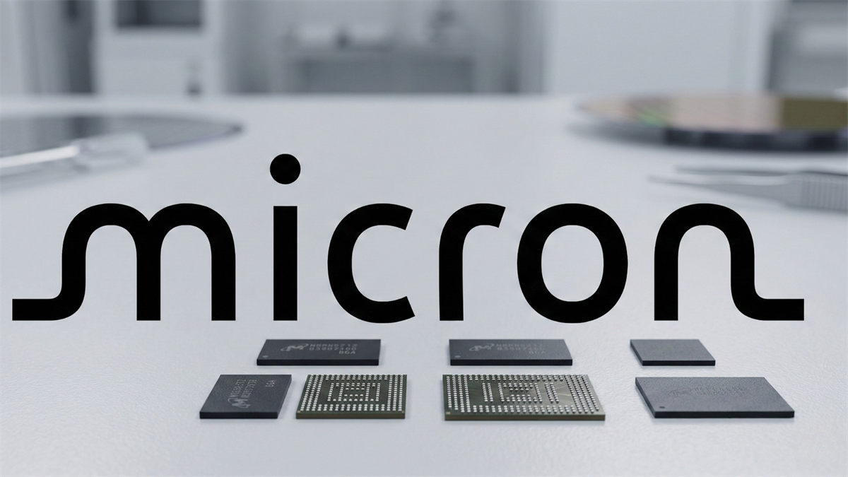 Micron Technology logo displayed above a lineup of semiconductor memory chips on a clean, modern surface, representing the AI-driven memory boom.