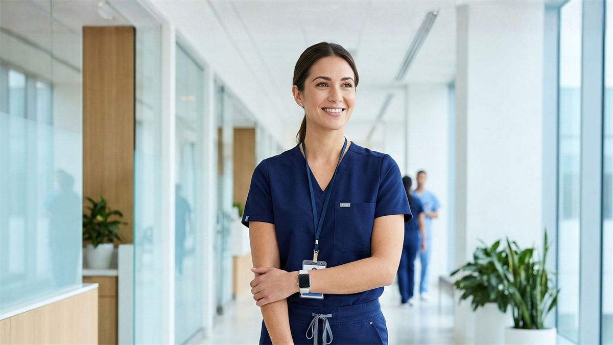 Smiling healthcare professional in navy FIGS scrubs standing in a bright hospital corridor, symbolizing medical apparel industry growth.