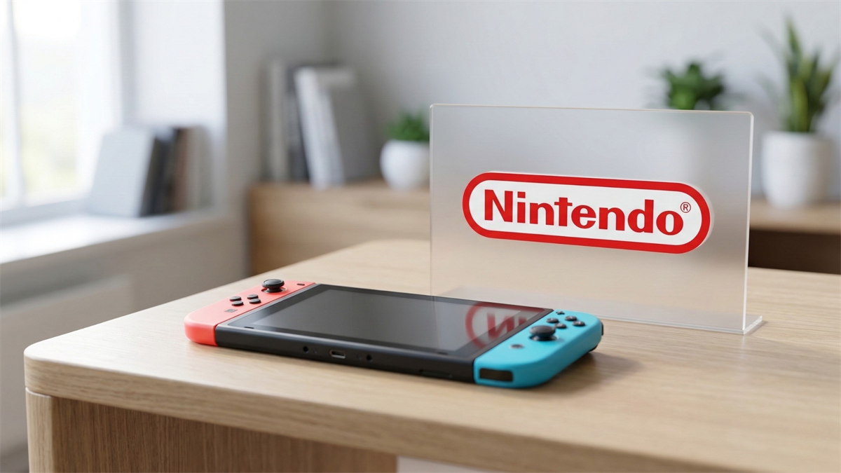 Nintendo Switch console on a desk beside a Nintendo logo display, representing Nintendo’s gaming ecosystem and IP-driven strategy.