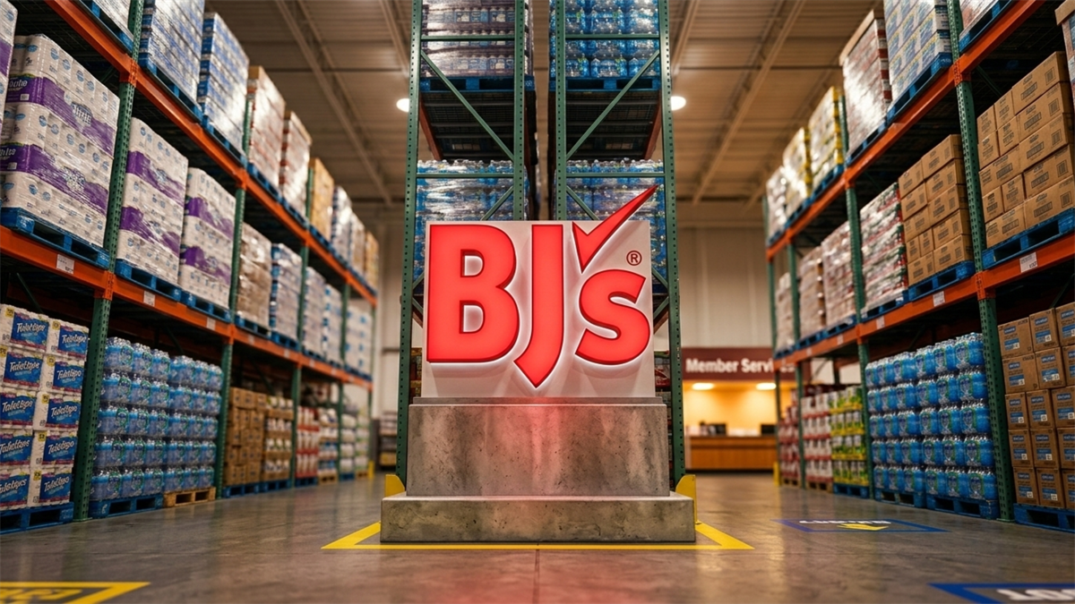 BJ’s Wholesale Club logo in warehouse aisle with bulk pallets.