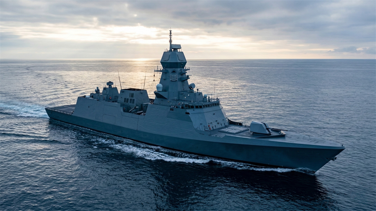 Modern naval warship cruising across open ocean waters at sunrise, viewed from above, showcasing advanced defense technology and military maritime power.
